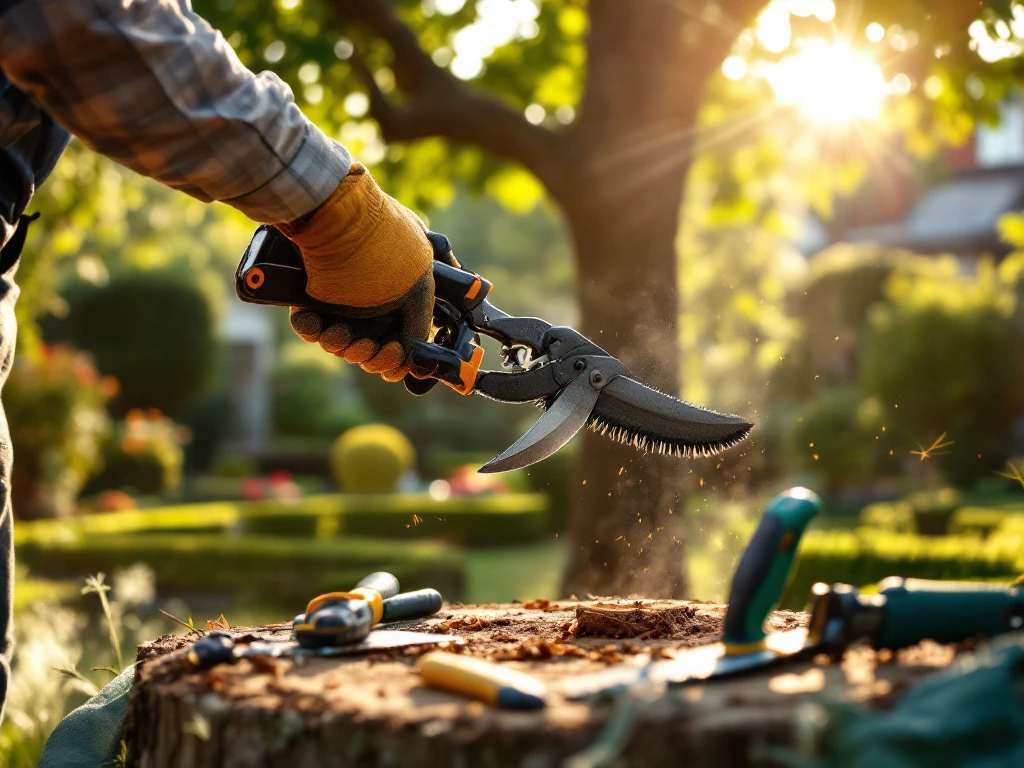 Professionele snoeischaar die een dikke tak knipt in een verzorgde tuin in Almere, met zonlicht door bladeren en een vakkundige hovenier met beschermende kleding.