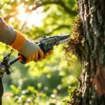 Professionele boomverzorger in veiligheidsuitrusting snoeit een eikenboom in Almere, gebruikmakend van gespecialiseerd gereedschap terwijl zonlicht door het bladerdak valt.