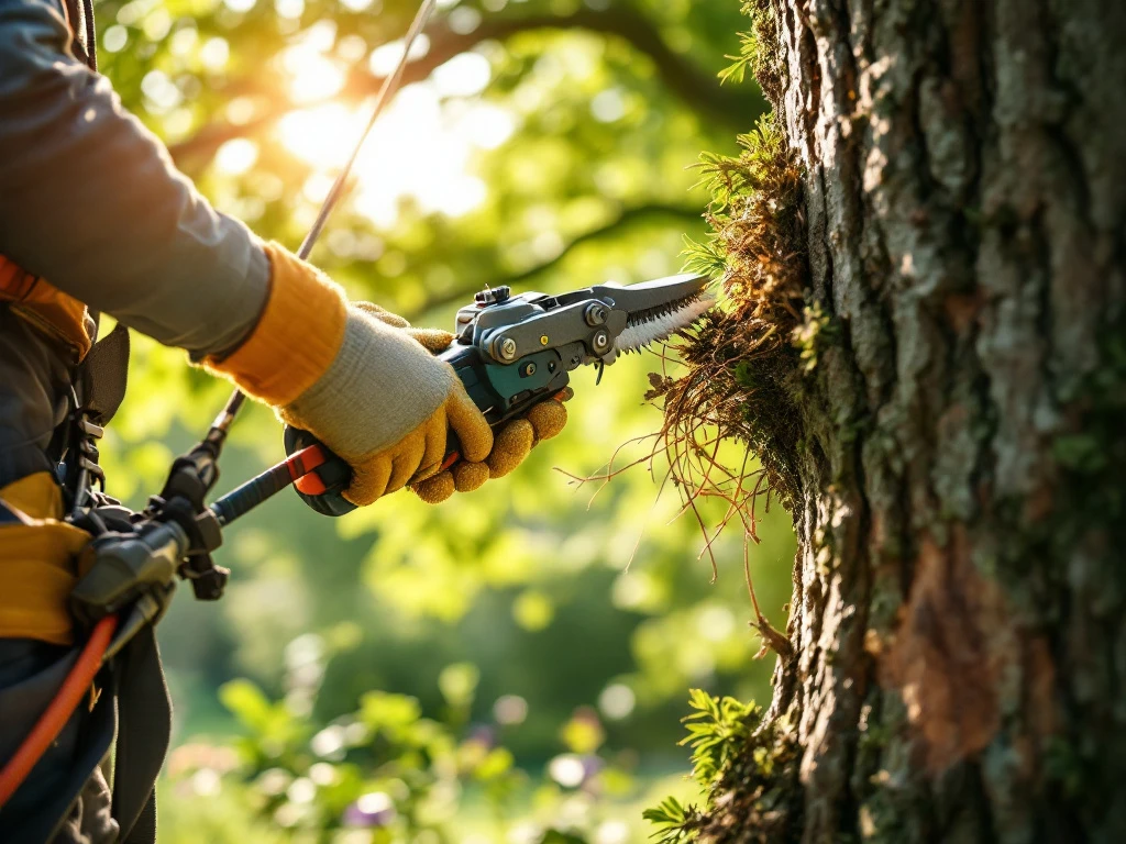 Professionele boomverzorger in veiligheidsuitrusting snoeit een eikenboom in Almere, gebruikmakend van gespecialiseerd gereedschap terwijl zonlicht door het bladerdak valt.