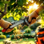 Boomverzorger in Almere snoeit een volwassen boom met gespecialiseerd gereedschap in een weelderige, zonverlichte tuin.