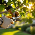 Vakkundige handen in beschermende handschoenen snoeien nauwkeurig een boomtak in een zonnige woontuin in Almere, professioneel boomonderhoud.