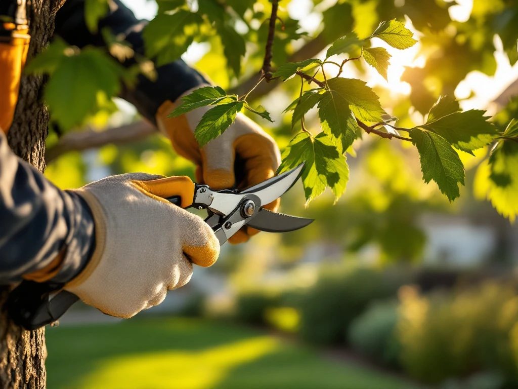 Vakkundige handen in beschermende handschoenen snoeien nauwkeurig een boomtak in een zonnige woontuin in Almere, professioneel boomonderhoud.