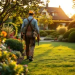 Professionele hovenier in Almere werkt tijdens gouden uur in weelderige tuin met verzorgde struiken en kleurrijke bloembedden bij luxe woning.