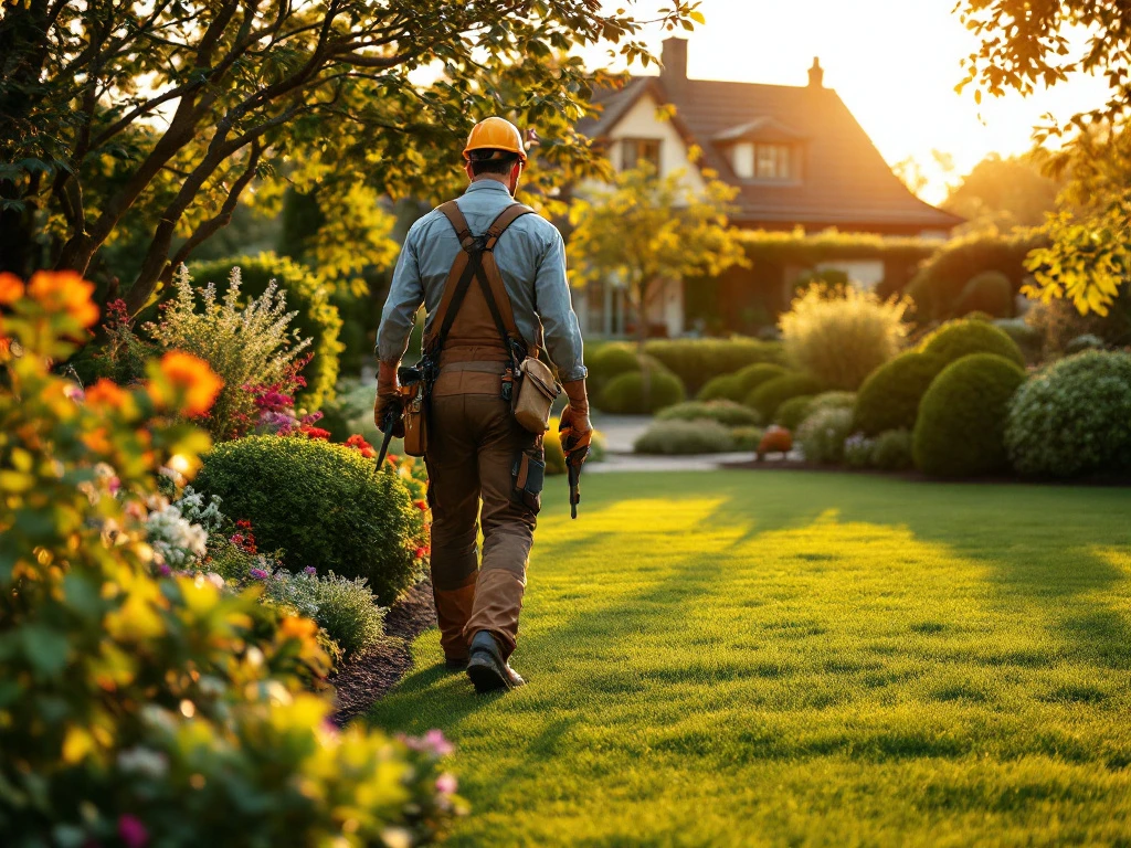 Professionele hovenier in Almere werkt tijdens gouden uur in weelderige tuin met verzorgde struiken en kleurrijke bloembedden bij luxe woning.