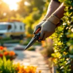 Verweerde handen van professionele tuinman in Almere trimmen perfecte heg met premium gereedschap, kleurrijke bloembedden op achtergrond.