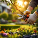 Vakkundige tuinpruning in Almere: gehandschoende handen snoeien sierboom met professionele schaar in zonnige, verzorgde tuin.