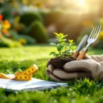 Tuinhandschoenen met gereedschap en zaailingen op verzorgd gazon, met professioneel tuinlandschap en planningsaccessoires in Almere