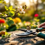 Tuinschaar nabij lentebloesem met nestelende vogels, symbool voor snoeirestricties in het broedseizoen in Almere-tuin