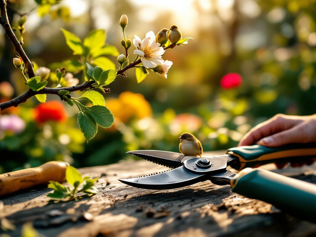 Tuinschaar nabij lentebloesem met nestelende vogels, symbool voor snoeirestricties in het broedseizoen in Almere-tuin