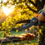 Professionele snoeischaar knipt een tak bij zonsondergang in een verzorgde tuin in Almere, met netjes gebundelde takken en gereedschap aan de voet van de boom.