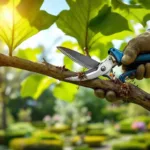 Professionele snoeischaar knipt catalpatak in verzorgde tuin in Almere, zonlicht door hartvormige bladeren tegen blauwe lucht.