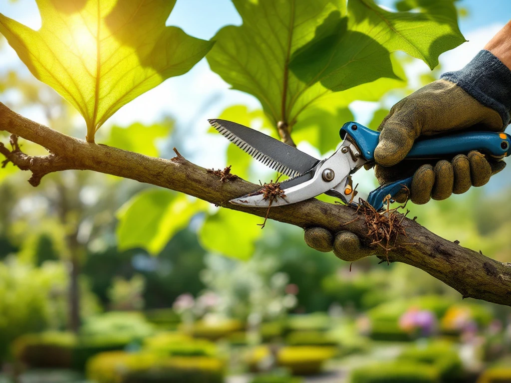 Professionele snoeischaar knipt catalpatak in verzorgde tuin in Almere, zonlicht door hartvormige bladeren tegen blauwe lucht.