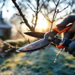 Professionele snoeischaar knipt precieze wintertak in bevroren tuin in Almere, met gouden ochtendlicht, blauwe lucht en lichte mist over het rijpbedekte gras.