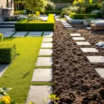 Halfvoltooid tuinlandschapsproject in Almere met contrasterende secties: verzorgde heggen en bloembedden naast onbewerkte grond, professioneel gerangschikt tuingereedschap.