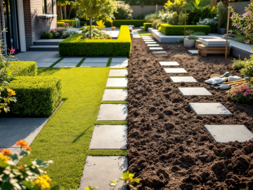 Halfvoltooid tuinlandschapsproject in Almere met contrasterende secties: verzorgde heggen en bloembedden naast onbewerkte grond, professioneel gerangschikt tuingereedschap.