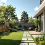 Vogelvluchtperspectief van half-voltooide tuinaanleg met houten vlonder, borders, waterornament en bestrating. Tuintafel toont bouwtekening en calculator in avondlicht.