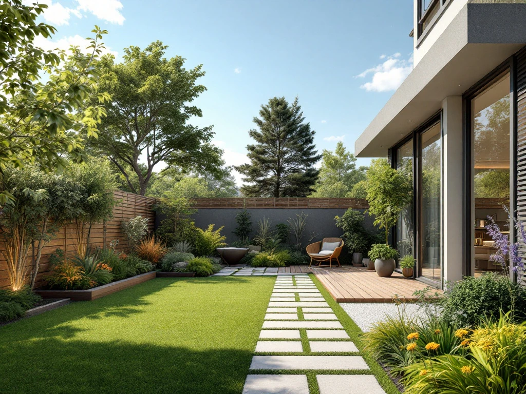 Vogelvluchtperspectief van half-voltooide tuinaanleg met houten vlonder, borders, waterornament en bestrating. Tuintafel toont bouwtekening en calculator in avondlicht.