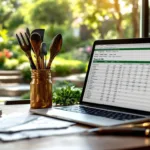 Professionele tuingereedschap en laptop met inkomstenoverzicht op houten bureau, met weelderige tuin en landschapsontwerpen op de achtergrond.