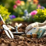 Tuingereedschap en eurobiljetten op vruchtbare grond met weelderige tuin op achtergrond, symbool voor betaalde tuinierdiensten in zonlicht