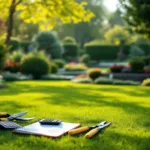 Professionele tuingereedschap op gazon met gehandschoende handen en snoeischaar, naast kleurrijke tuin in Almere met vijver en kostenberekening.