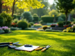 Professionele tuingereedschap op gazon met gehandschoende handen en snoeischaar, naast kleurrijke tuin in Almere met vijver en kostenberekening.