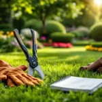 Professionele tuingereedschap netjes gerangschikt op groen gras met prachtige tuin op achtergrond. Zonlicht valt op snoeischaren en handschoenen in Almere.