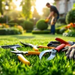 Professionele tuingereedschap op bedauwd gras met tuinier werkend in een verzorgde tuin met hagen en kleurrijke bloembedden in warm ochtendlicht.