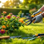 Tuinman met professionele handschoenen snoeit bloeiende struik in verzorgde tuin in Almere, met tuingereedschap op groen gras.