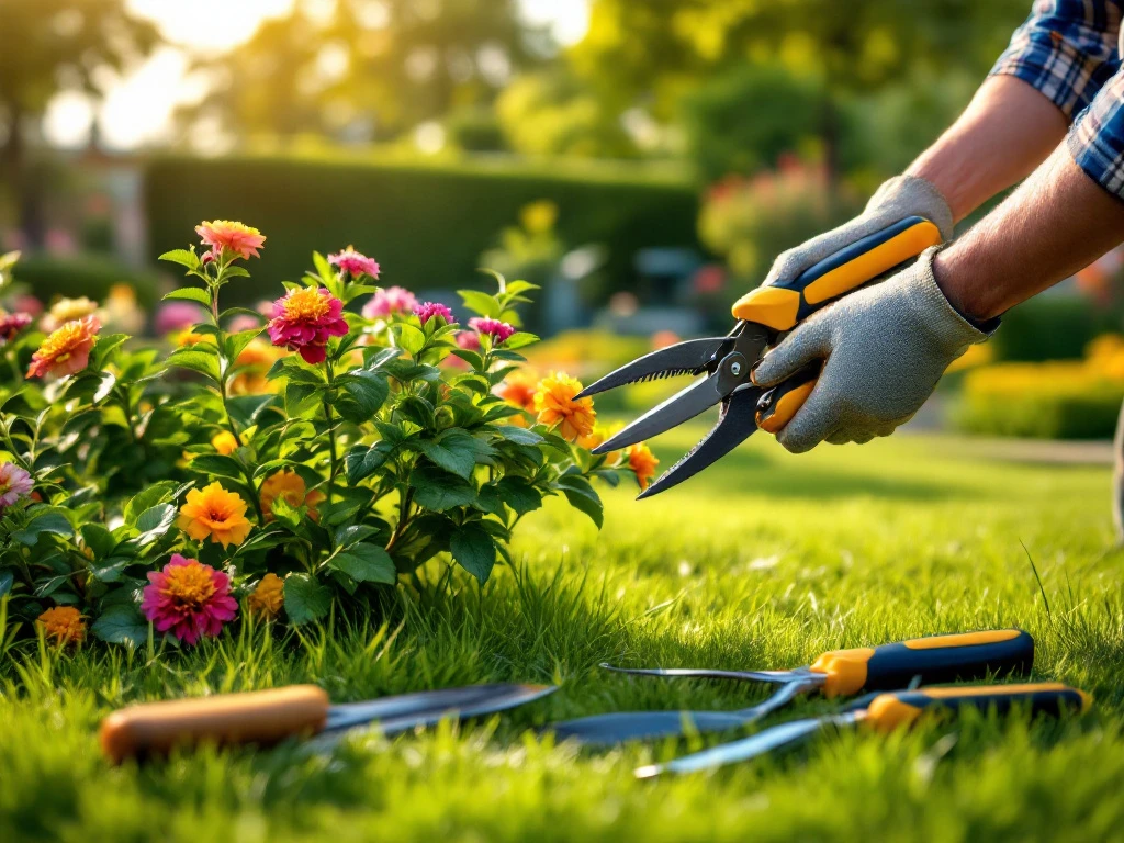 Tuinman met professionele handschoenen snoeit bloeiende struik in verzorgde tuin in Almere, met tuingereedschap op groen gras.