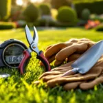 Professionele tuingereedschappen op verzorgd gazon tijdens gouden uur, met digitale timer en prachtig aangelegde tuin op de achtergrond. Tuinonderhoud Almere.