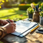Tuinman ondertekent onderhoudscontract met tuingereedschap op achtergrond, rekenmachine en planner op houten tafel in zonnige Nederlandse tuin.