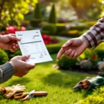 Handen van professionele tuinier overhandigen BTW-factuur aan klant in prachtig aangelegde tuin in Almere, met tuingereedschap nabij.