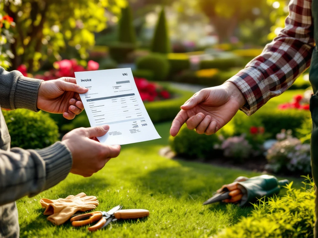 Handen van professionele tuinier overhandigen BTW-factuur aan klant in prachtig aangelegde tuin in Almere, met tuingereedschap nabij.