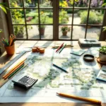 Tekentafel van tuinontwerper met landschapsplannen, meetgereedschap en rekenmachine in zonnige werkruimte met uitzicht op ontworpen tuin