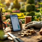 Professioneel tuingereedschap op werkbank met smartphone en factuur. Gehandschoende hand plaatst euromunten, met verzorgde bloembedden en heggen op achtergrond.