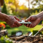 Verweerde handen met tuingrond ontvangen eurobiljetten voor tuinwerk in Almere, met op de achtergrond een vakkundig aangelegde tuin in avondlicht.