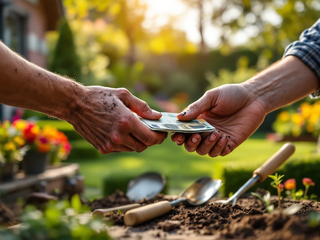 Verweerde handen met tuingrond ontvangen eurobiljetten voor tuinwerk in Almere, met op de achtergrond een vakkundig aangelegde tuin in avondlicht.
