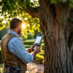 Boomtechnisch adviseur onderzoekt eikenboom met specialistische apparatuur in verzorgde Nederlandse tuin tijdens gouden uurtje.