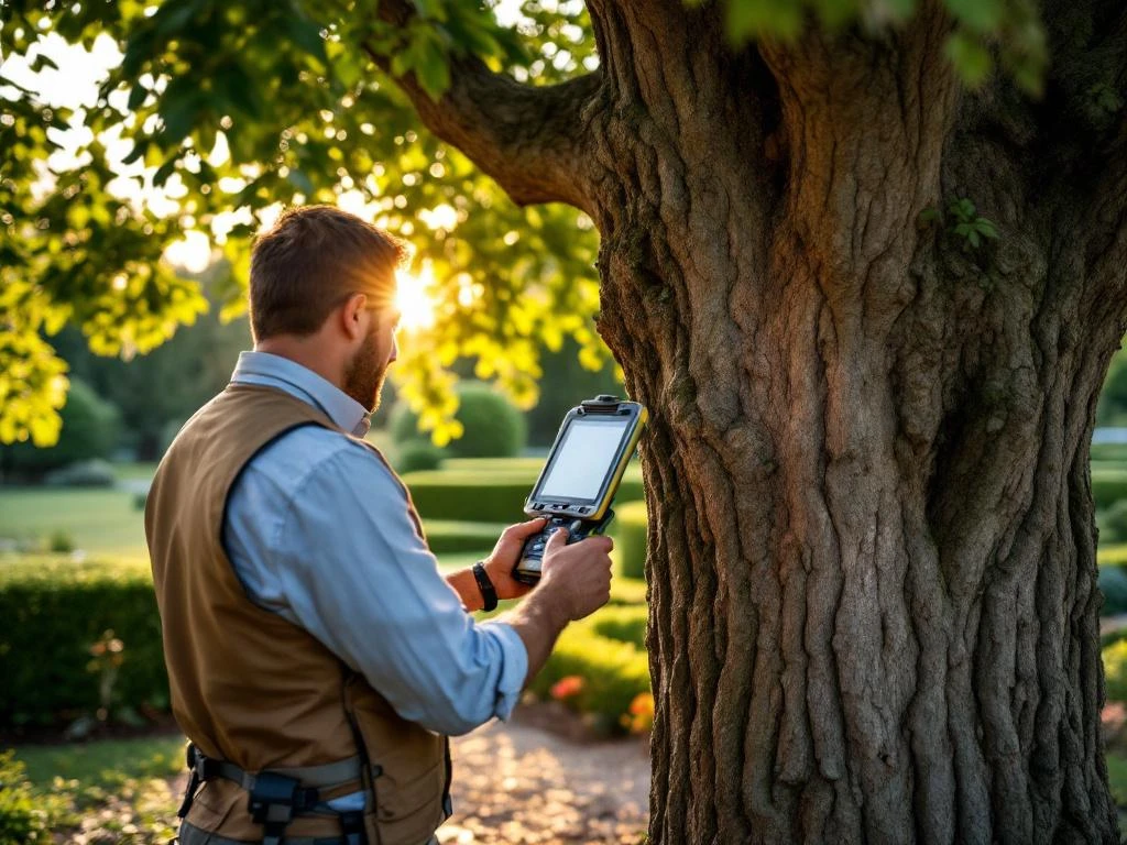 Boomtechnisch adviseur onderzoekt eikenboom met specialistische apparatuur in verzorgde Nederlandse tuin tijdens gouden uurtje.