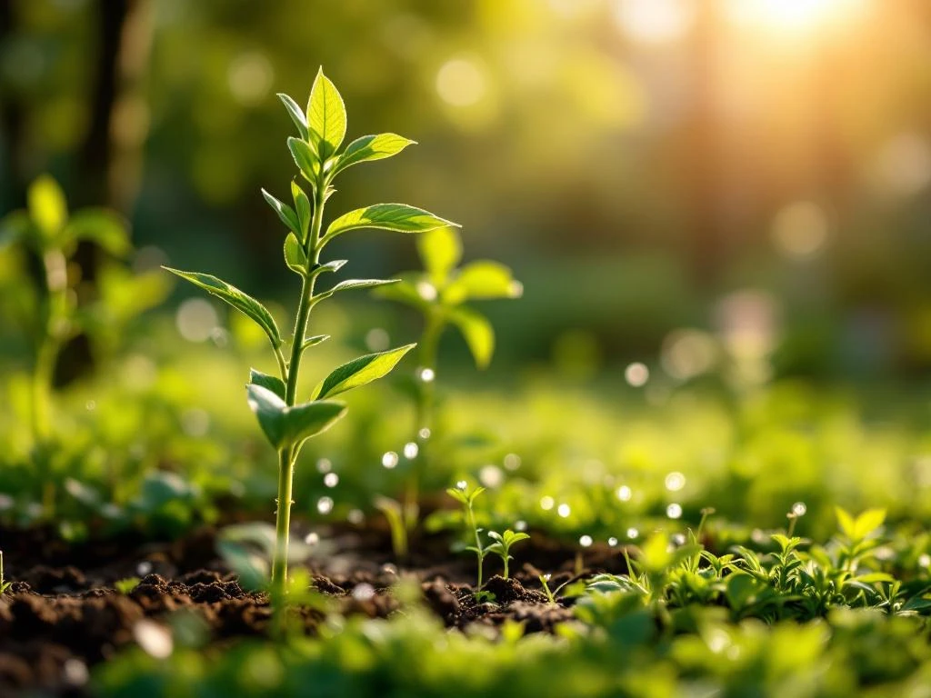 Jonge, gezonde boom die water krijgt via een professionele tuinslang in een verzorgde Nederlandse tuin met kleurrijke borders, badend in warm namiddaglicht.