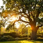 Boomchirurg in veiligheidsharnas snoeit zorgvuldig een tak van een eikenboom in Almere, gehuld in beschermende uitrusting in gouden namiddaglicht.