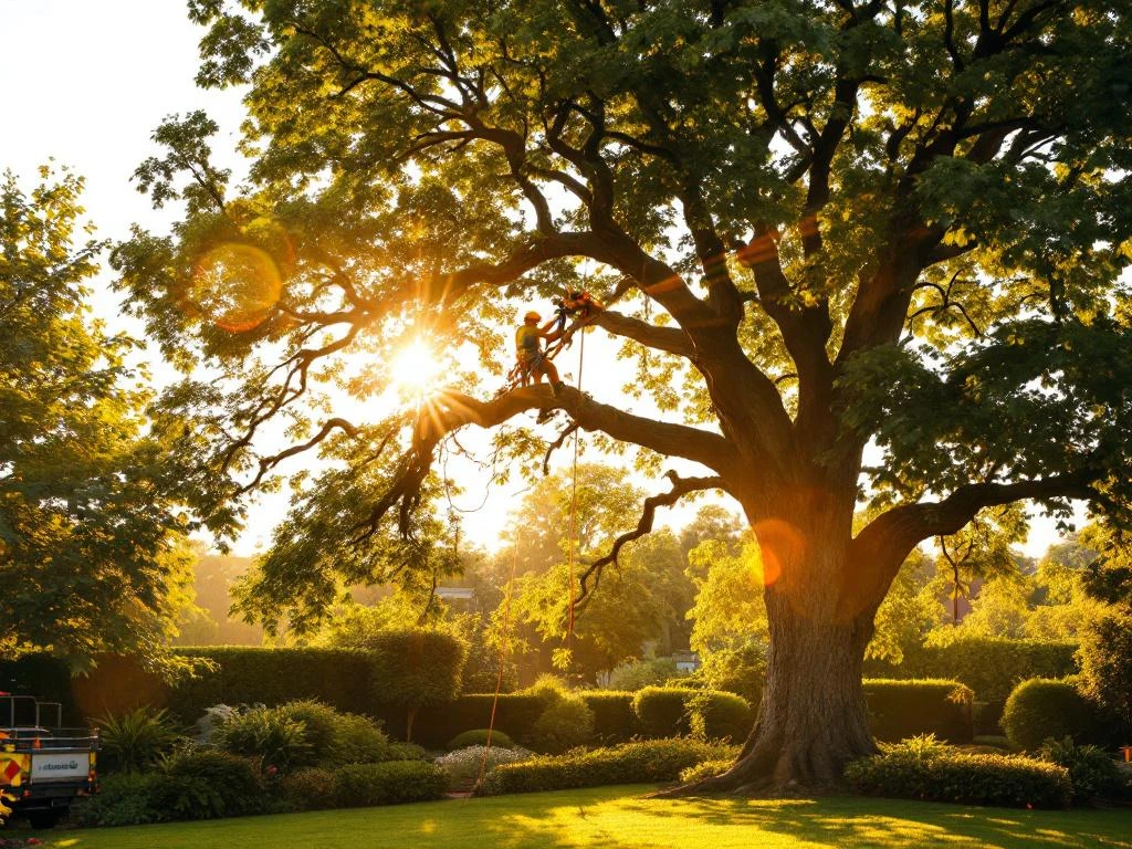 Boomchirurg in veiligheidsharnas snoeit zorgvuldig een tak van een eikenboom in Almere, gehuld in beschermende uitrusting in gouden namiddaglicht.