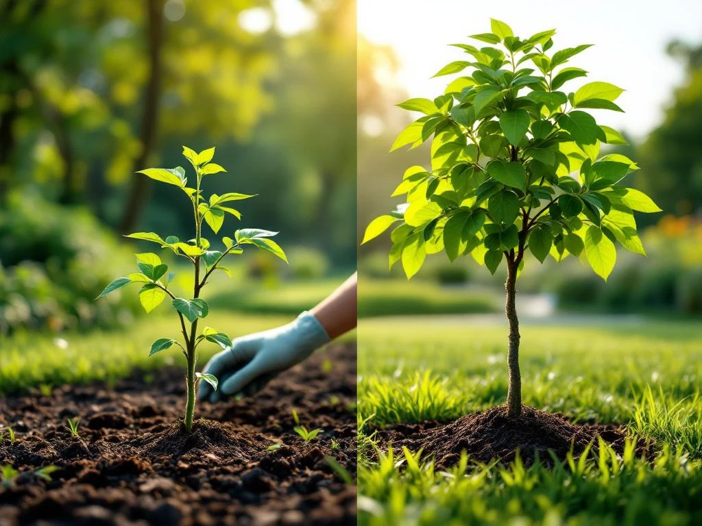 Vergelijking boomgroei: links een normale jonge boom, rechts dezelfde soort florerende hogere boom na professionele verzorging in Almere's groene landschap.