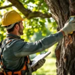Professionele boominspecteur onderzoekt een eikenstam met meetapparatuur in een zonnig park in Almere, veiligheidshelm en klembord zichtbaar.