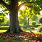 Professioneel gesnoeide eikenboom in verzorgde tuin met snoeigerei en organische mulch; zonlicht schijnt door gezonde takken in een woonwijk van Almere.