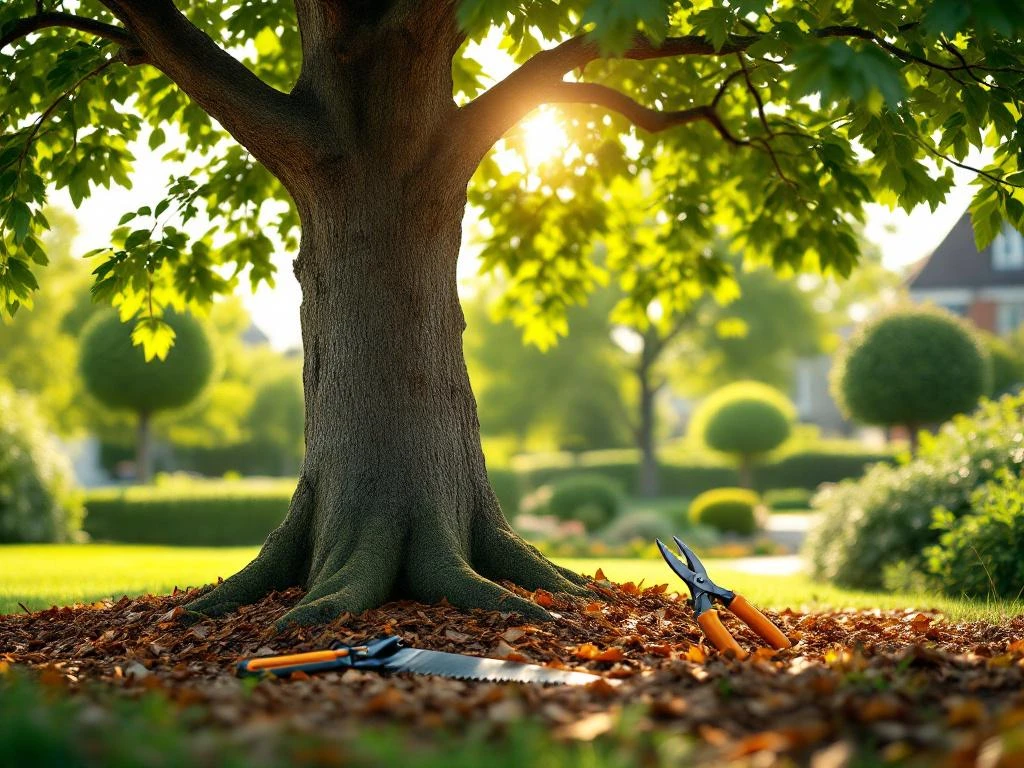 Professioneel gesnoeide eikenboom in verzorgde tuin met snoeigerei en organische mulch; zonlicht schijnt door gezonde takken in een woonwijk van Almere.