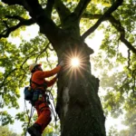 Professionele hovenier snoeit hoge boom in verzorgde tuin in Almere, uitgerust met veiligheidsharnas en klimuitrusting, terwijl zonlicht door de takken filtert.