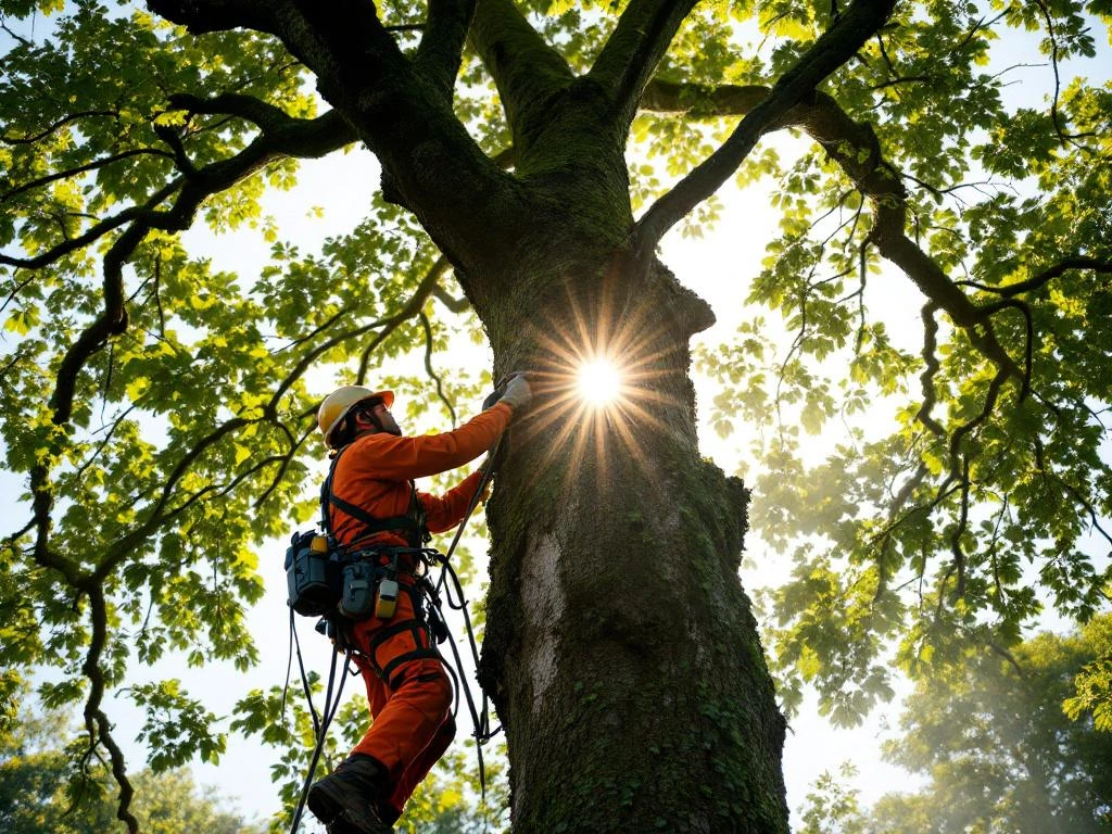 Professionele hovenier snoeit hoge boom in verzorgde tuin in Almere, uitgerust met veiligheidsharnas en klimuitrusting, terwijl zonlicht door de takken filtert.