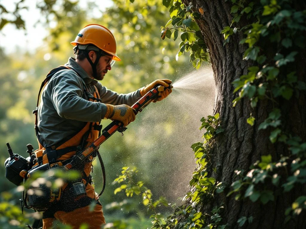Boomspecialist in veiligheidsuitrusting snoeit zorgvuldig een volwassen eik in een verzorgde tuin in Almere onder gefilterd zonlicht.