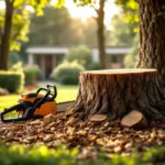 Vers gezaagde boomstronk in verzorgde Almere tuin met netjes gestapeld brandhout, professionele kettingzaag en houtsnippers in bloembed onder gefilterd zonlicht.